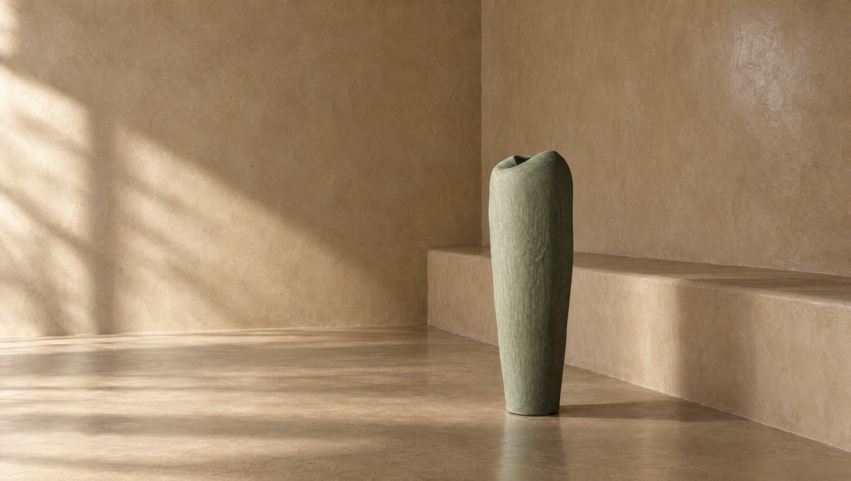 Casarin sage tadelakt vessel in a minimalist tadelakt interior