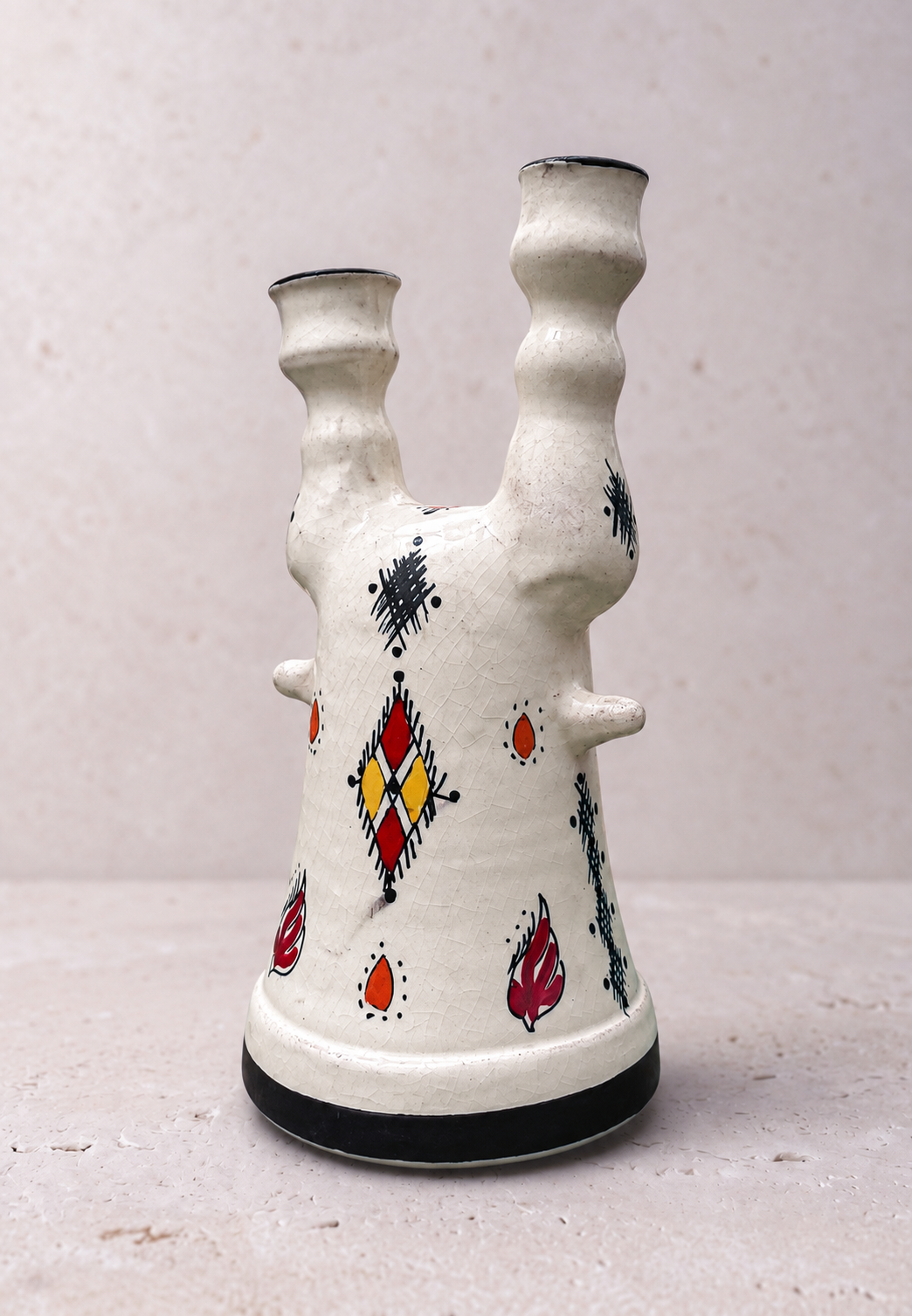 Riad sculptural vase, hand-painted black, saffron and red motifs with black base band