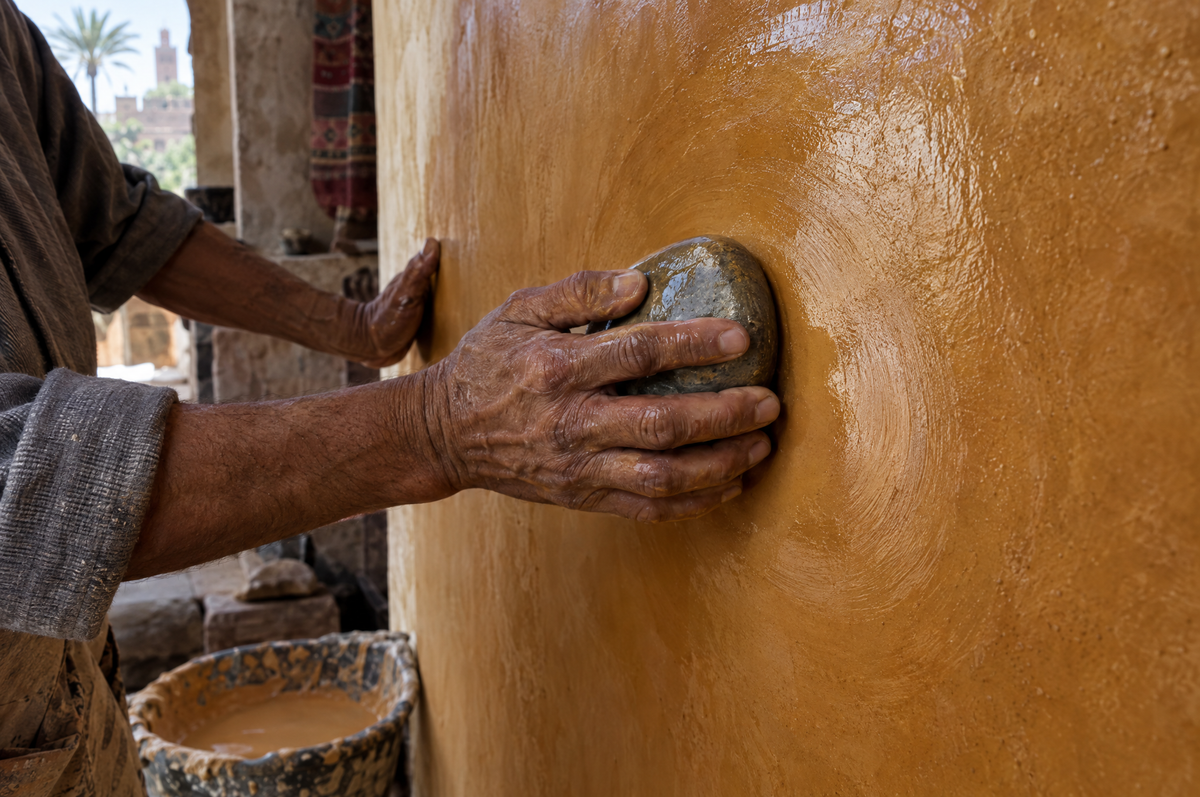 A craftsman polishing a tadelakt wall with a smooth river stone in Marrakech