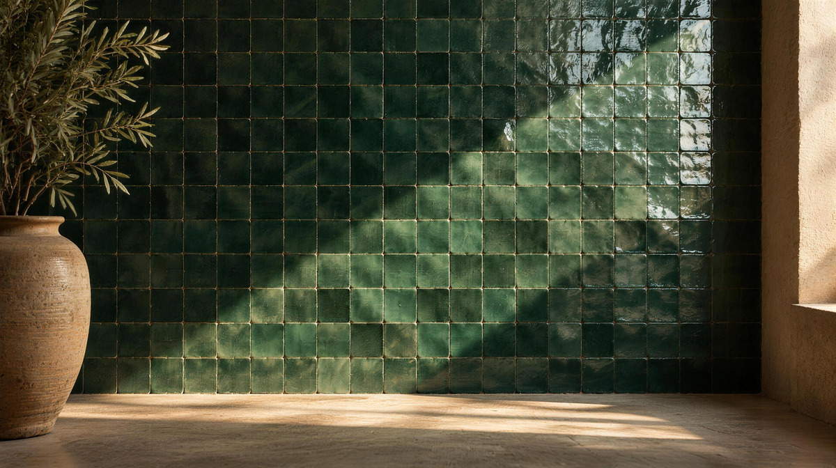 Mur en zellige émeraude fait main sous une lumière rasante