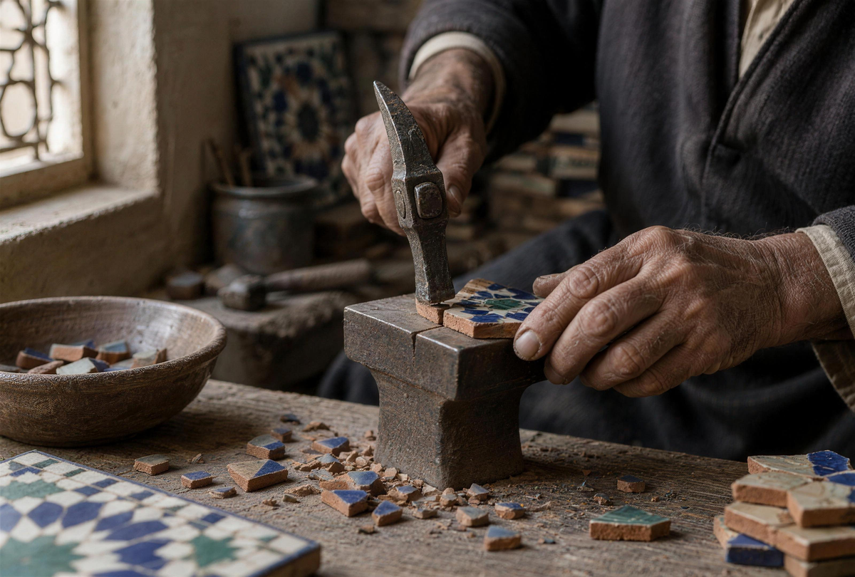 Un artisan taille un carreau émaillé au marteau